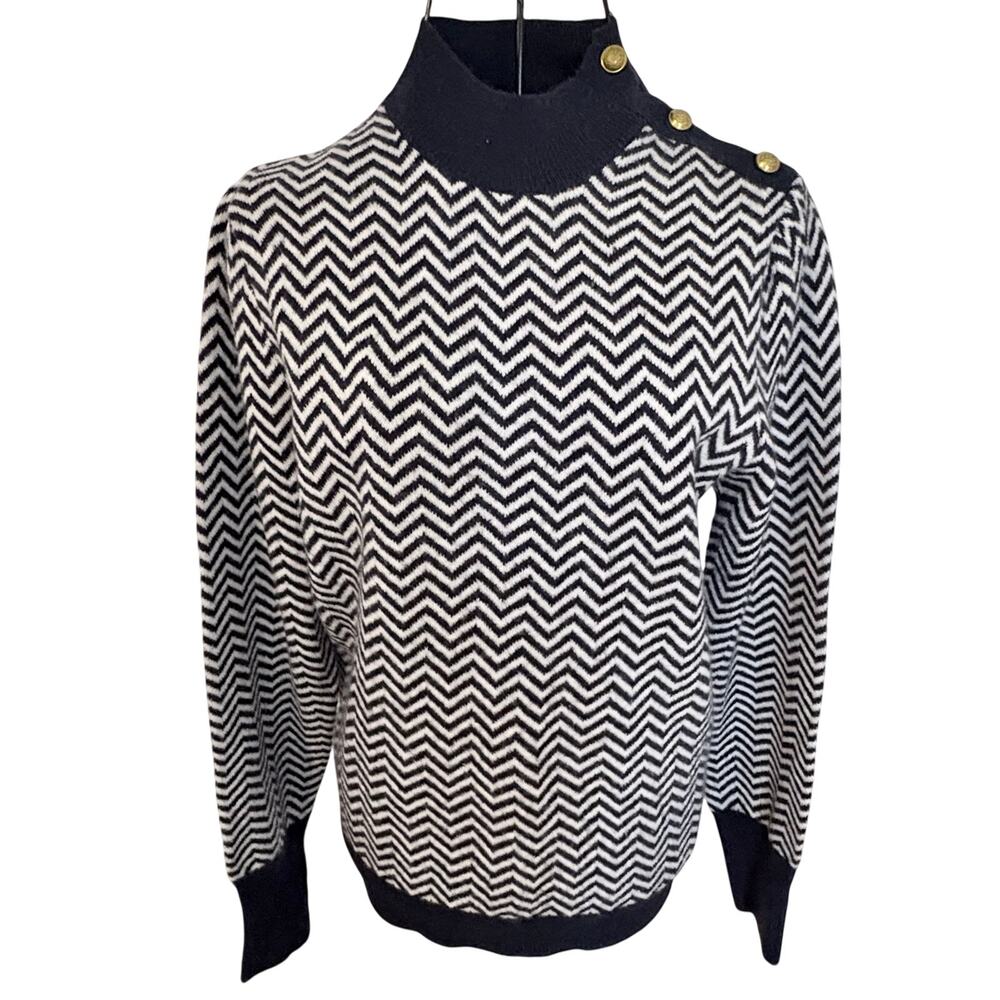 J Crew Alpaca Blend Navy Chevron Striped Sweater w/ Buttons Mock Neck Preppy